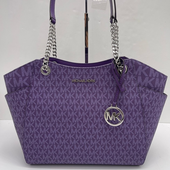 MICHAEL KORS Jet Set Travel Lg Signature Chain Shoulder Tote Dark Purple NWT